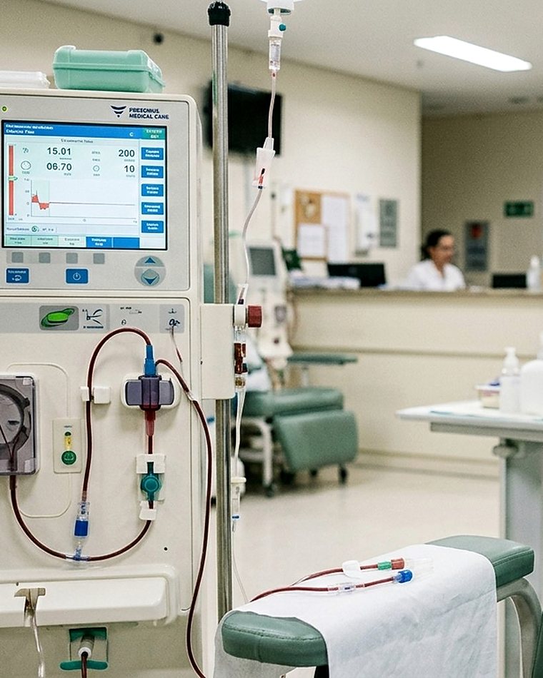 Sala de hemodiálise com máquina e poltrona de tratamento, exemplo de condição que gera impedimento de longo prazo