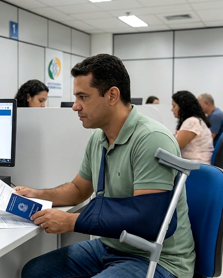 Homem com o braço imobilizado em tipoia e muleta, segurando documentos em uma agência do INSS