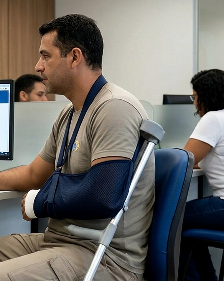 Trabalhador com tipoia e muleta sendo atendido em uma agência do INSS