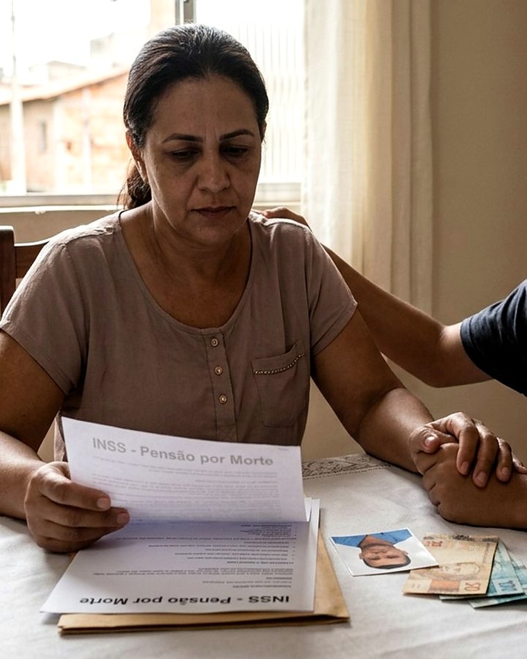 Mulher lendo documentos do INSS sobre pensão por morte, com a mão do filho sobre seu ombro