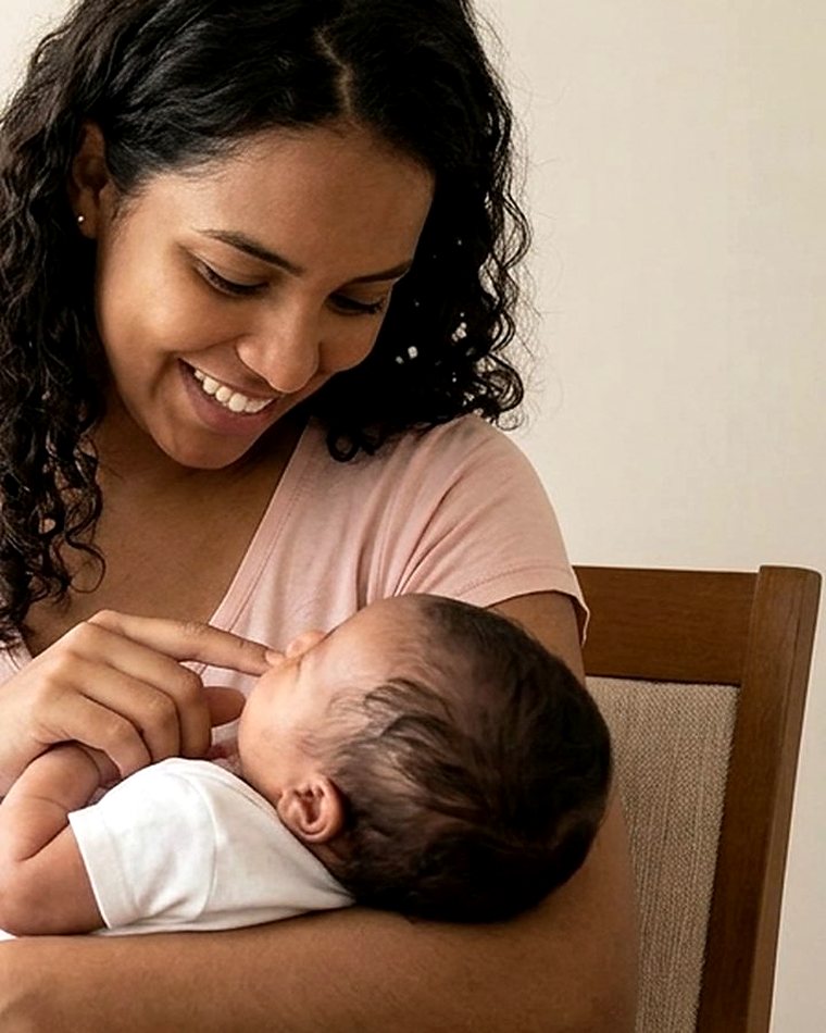 Mãe sorrindo com o recém-nascido no colo